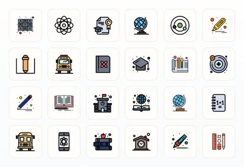 School Vector Graphics featuring 24 Filled Line Pixel Optimized 128x128 Desig Stock Illustration