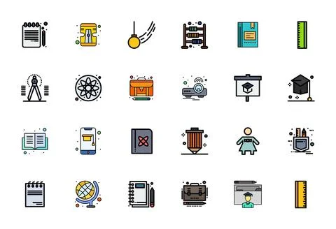 School Vector Icon Library with 24 Flat Line Filled High Resolution PIXEL P.. Illustrazione stock