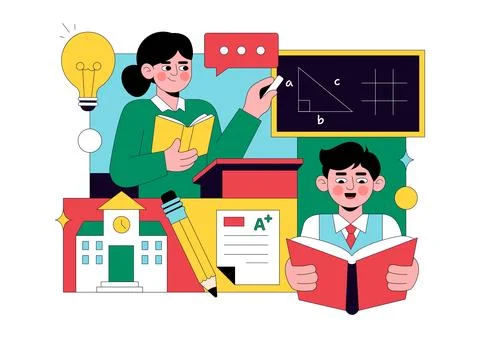 School Vector Illustration Education Concept With Students Classroom Books .. Stock Illustration