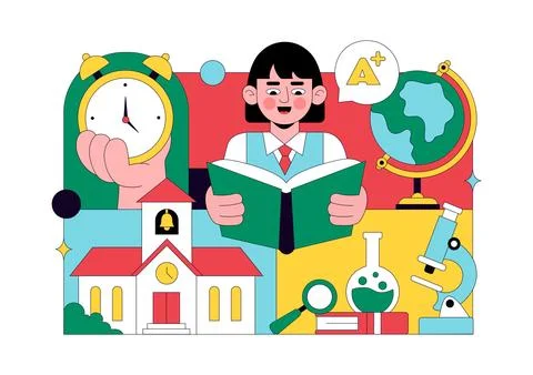 School Vector Illustration Education Concept With Students Classroom Books .. Stock Illustration