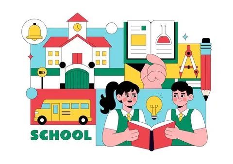 School Vector Illustration Education Concept With Students Classroom Books .. Stock Illustration