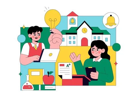School Vector Illustration Education Concept With Students Classroom Books .. Stock Illustration
