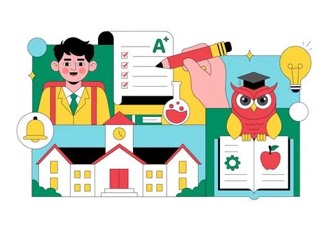 School Vector Illustration Education Concept With Students Classroom Books .. Stock Illustration