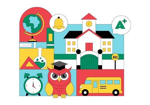 School Vector Illustration Education Concept With Students Classroom Books .. Stock Illustration