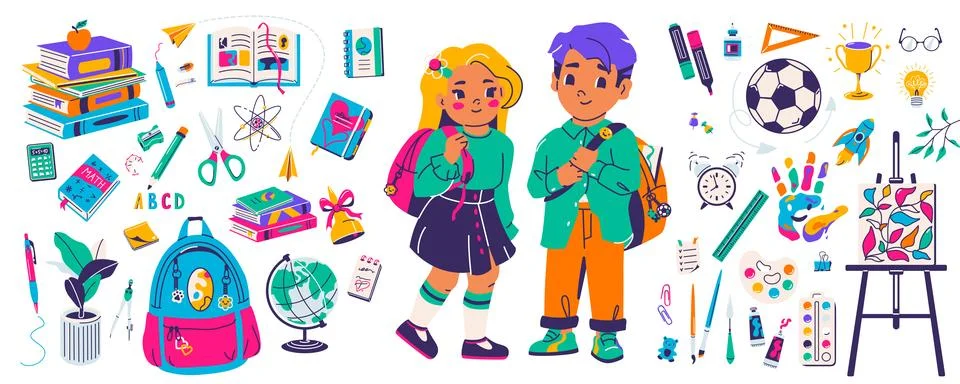 School vector illustration. Set for back to school, study tools, supplies イラスト素材