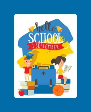 School vector schoolchild charcater boy girl with education schooling supplies Stock Illustration