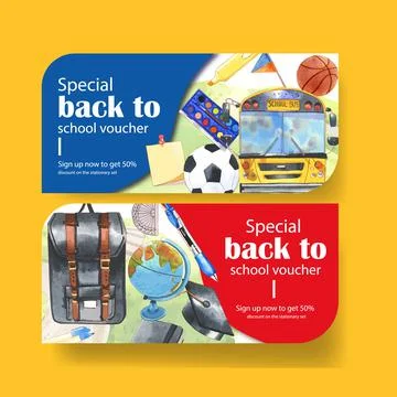 School voucher design with flag, school bus, globe watercolor illustration. Stock Illustration