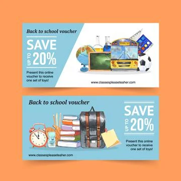 School voucher design with school bus, books, alarm clock  watercolor illustr Stock Illustration