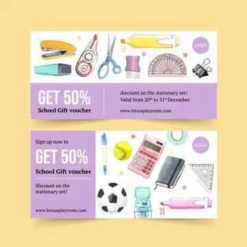 School voucher design with sharpener, highlighter, stapler watercolor illustr Illustrazione stock