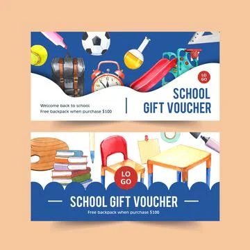 School voucher design with slider, desk, chair, book watercolor illustration. Stock Illustration