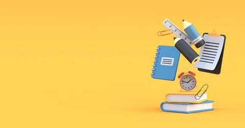 School wallpaper with stationery 3d render Stock Illustration