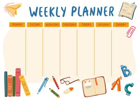 School weekly planner. Notebooks, textbooks, pens, pencils, eraser, letters a Stock Illustration