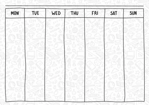 School weekly planner sketch black and white line with supplies Stock Illustration