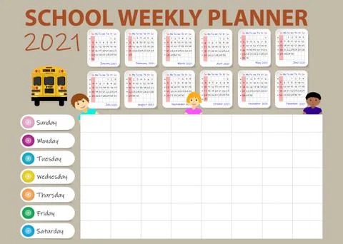 School weekly planner table of 2021 year. Stock Illustration