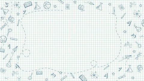 School white grid paper background. Education seamless pattern color line icons. Stock Footage 283561025