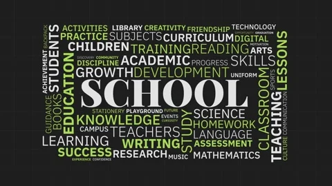 School word cloud animation with educational terms and typography on dark b.. 库存影片 341683485