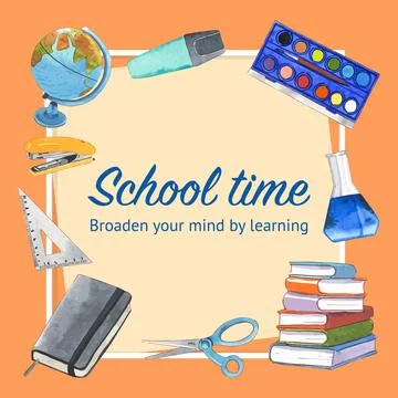 School wreath design with scissors, stapler watercolor illustration. Stock Illustration