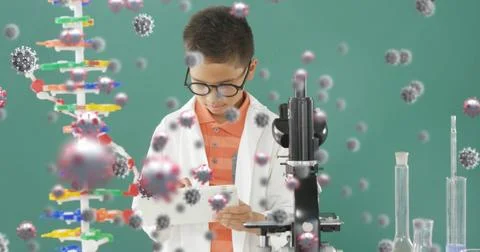 In school, young boy in lab coat studying with tablet and microscope 스톡 일러스트
