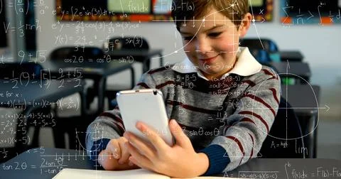 In school, young boy using smartphone, smiling while learning math concepts Illustrazione stock