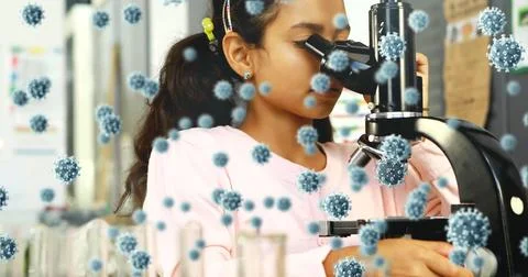 In school, young girl using microscope surrounded by digital virus illustrations イラスト素材