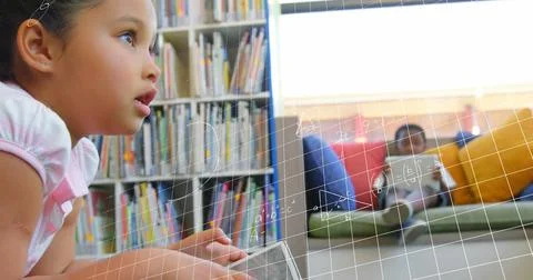 In school, young girl using tablet in library, learning with focus and curiosity 스톡 일러스트