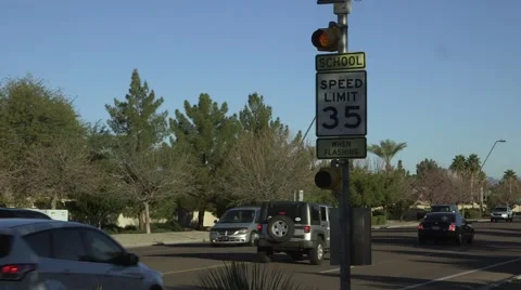 School zone speed limit sign, 35mph 02 Stock Footage 47676869