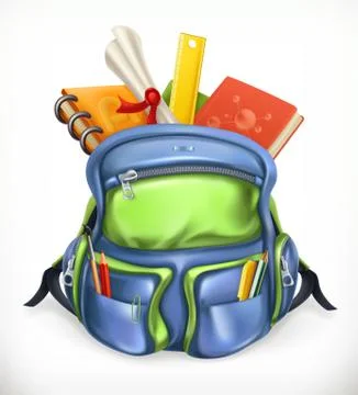 Schoolbag. Backpack with school supplies, 3d vector icon Stock Illustration
