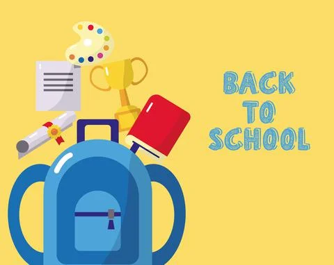 Schoolbag with bundle of back to school set icons and lettering Illustrazione stock