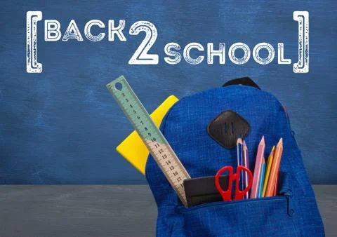 Schoolbag in foreground with blackboard graphics of back 2 school Stock Photos