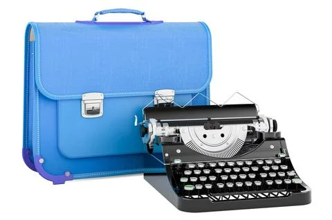 Schoolbag with typewriter, 3D rendering Stock Illustration