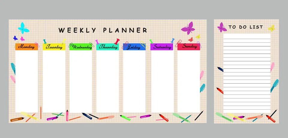Schoolboy and student weekly planner template.210722 Stock Illustration