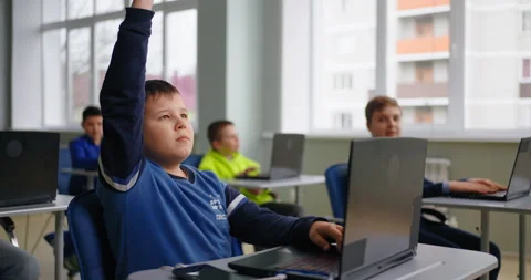 Schoolboy Asking Teacher In Computer Classroom, Portrait Of Child Student Stock Footage 280172658