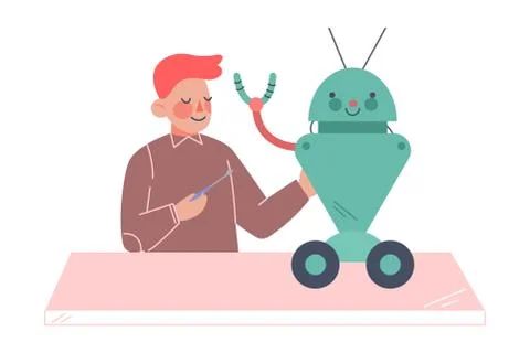 Schoolboy Assembling Robot, Boy Engineer Character Working on Educational 스톡 일러스트