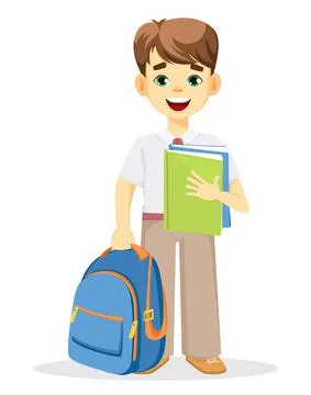 Schoolboy with backpack and textbook. Illustrazione stock