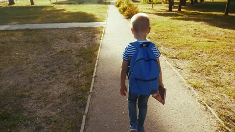 Schoolboy boy goes through the park with a backpack and a textbook to school Stock Footage 149452173