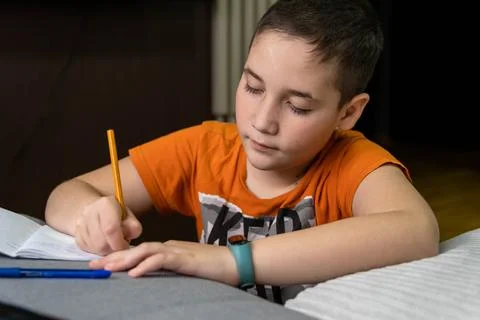 A schoolboy boy studies at home and does school homework. Fotos de archivo