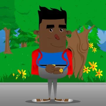 Schoolboy checking his watch. Vector cartoon character illustration. Illustrazione stock