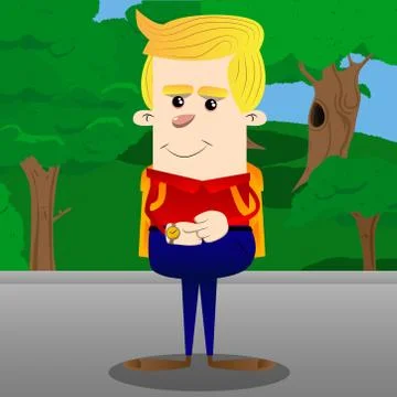 Schoolboy checking his watch. Vector cartoon character illustration. Illustrazione stock