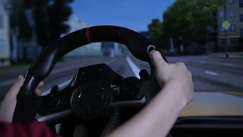 Schoolboy child driving simulator game on pc computer. Young boy using play Stock Footage 168513441