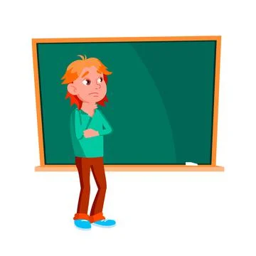 Schoolboy Child Thinking At Blackboard Vector Stock Illustration