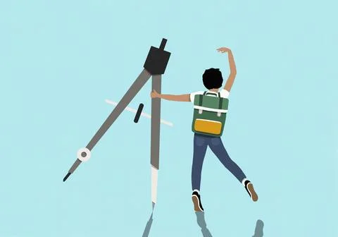 Schoolboy dancing with drawing compass against blue background イラスト素材