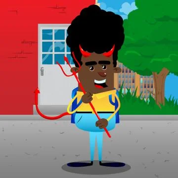 Schoolboy devil with pitchfork. Vector cartoon character illustration. Stock Illustration