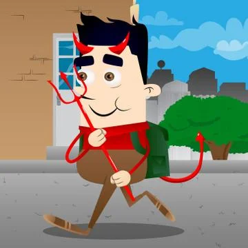 Schoolboy devil with pitchfork. Vector cartoon character illustration. 스톡 일러스트