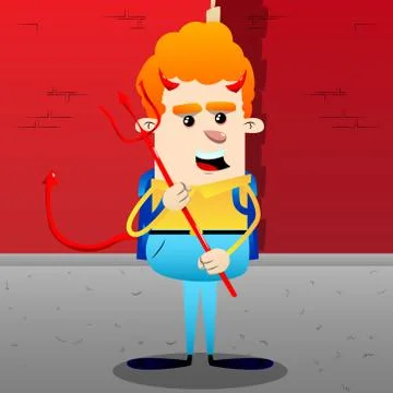 Schoolboy devil with pitchfork. Vector cartoon character illustration. Illustrazione stock
