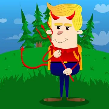 Schoolboy devil with pitchfork. Vector cartoon character illustration. Illustrazione stock