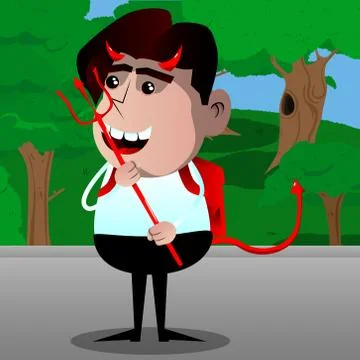 Schoolboy devil with pitchfork. Vector cartoon character illustration. Stock Illustration