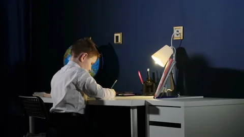 Schoolboy doing homework in the evening 库存影片 169307910