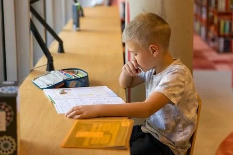 Schoolboy doing homework at a table in the city library Stock Photos