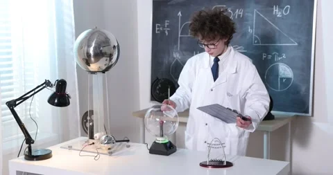 Schoolboy experimenting in physics class. Young student doing physics experiment Stock Footage 176202718