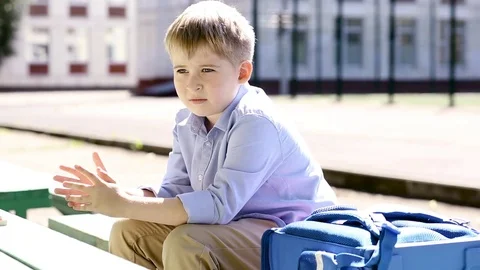 A schoolboy with an expression of sadness and joy. A sweet child in the schoolya Stock Footage 78875467